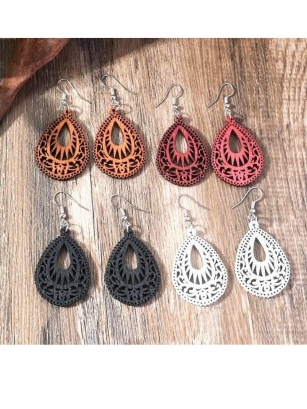 Earrings Wood Hollow Cut Out Bohemian 4 pr Dangle Boho Trendy Stylish Casual Fun